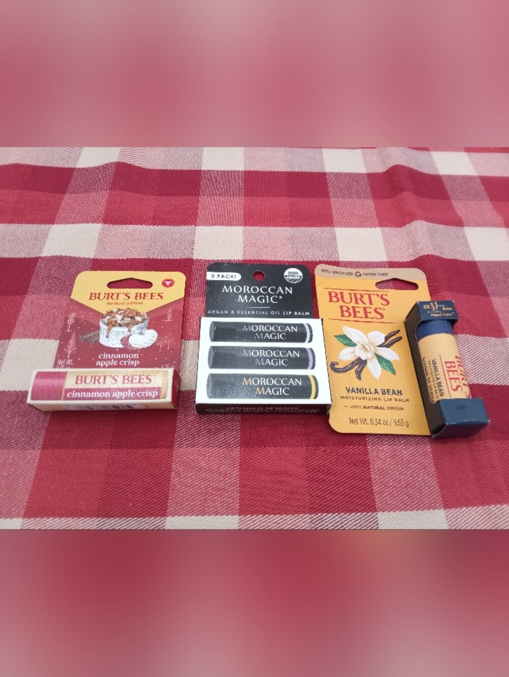 Burt's Bees Lip Balm Vanilla, Cinnamon Apple Crisp & Moroccan Magic ChapStick